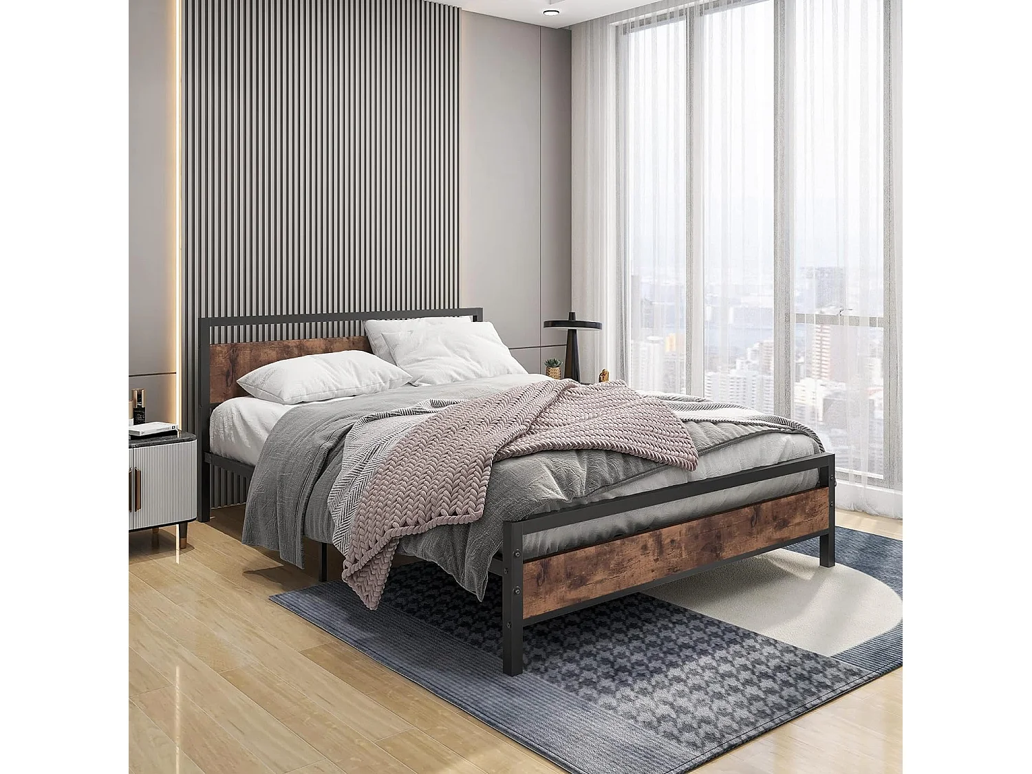 Etna - Estructura de cama doble en madera y metal, 162x195 cm color marrón