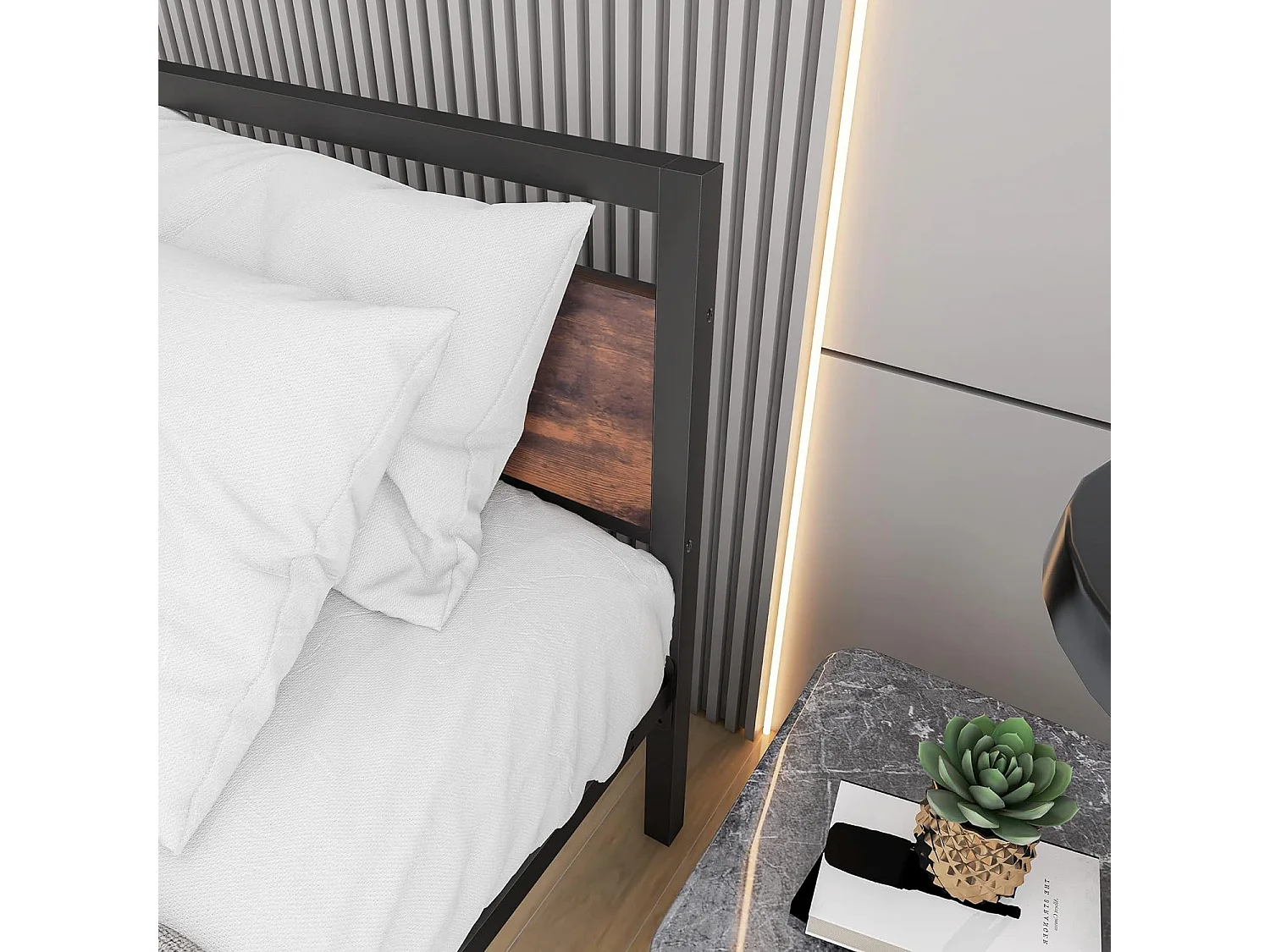 Etna - Estructura de cama doble en madera y metal, 162x195 cm color marrón