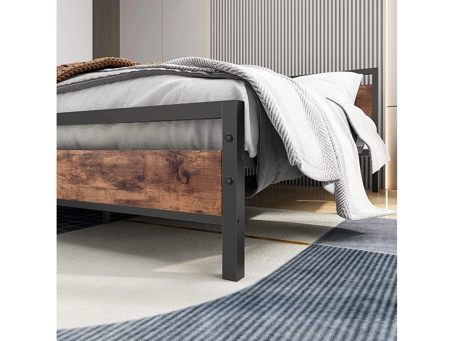 Etna - Cadre de lit double à lattes en bois et métal, 162x195 cm couleur marron