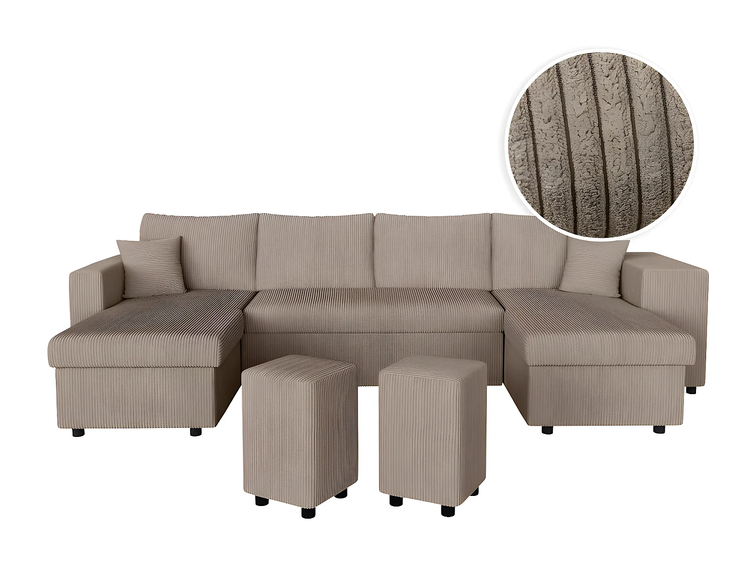Canapé panoramique Oslo convertible avec 2 coffres, 2 poufs à droite en velours côtelé taupe - L311 x P146 x H81cm - Loungitude