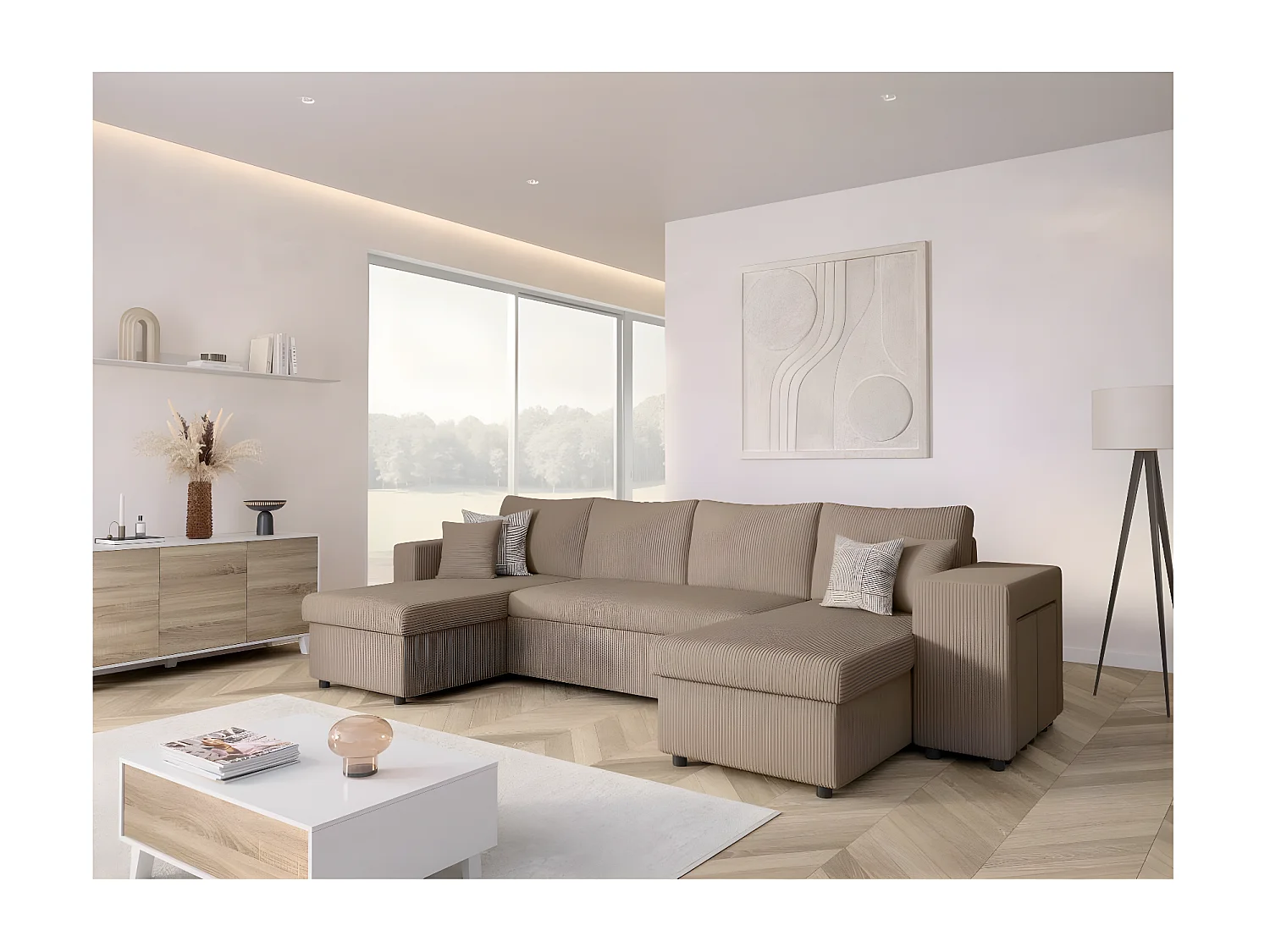 Canapé panoramique Oslo convertible avec 2 coffres, 2 poufs à droite en velours côtelé taupe - L311 x P146 x H81cm - Loungitude