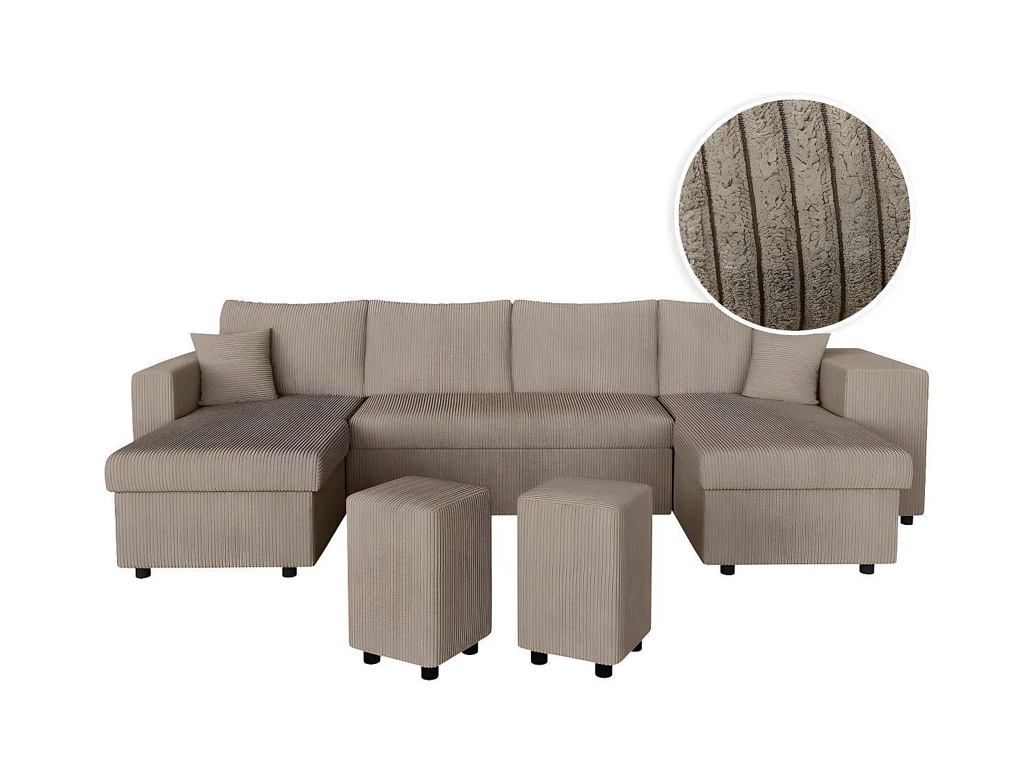 Canapé panoramique Oslo convertible avec 2 coffres, 2 poufs à droite en velours côtelé taupe - L311 x P146 x H81cm - Loungitude