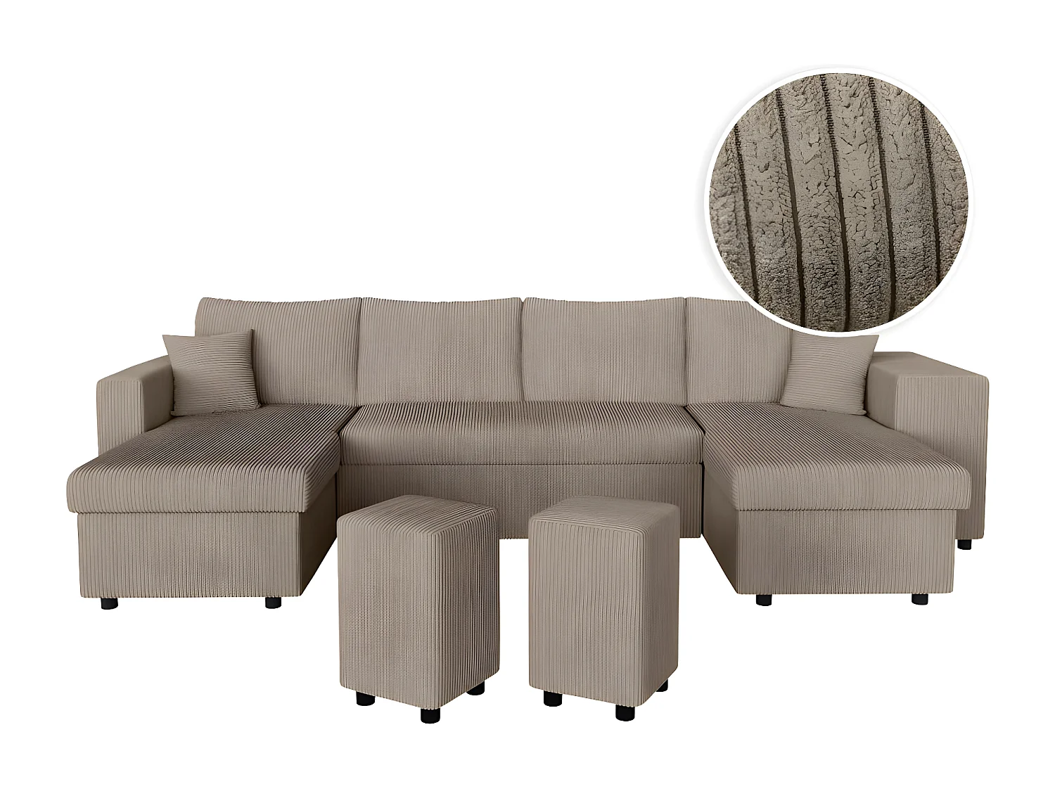 Canapé panoramique Oslo convertible avec 2 coffres, 2 poufs à droite en velours côtelé taupe - L311 x P146 x H81cm - Loungitude
