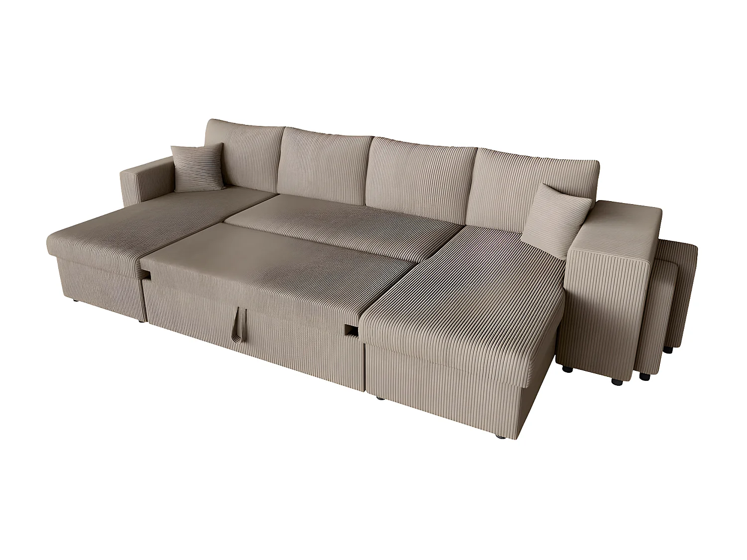 Canapé panoramique Oslo convertible avec 2 coffres, 2 poufs à droite en velours côtelé taupe - L311 x P146 x H81cm - Loungitude