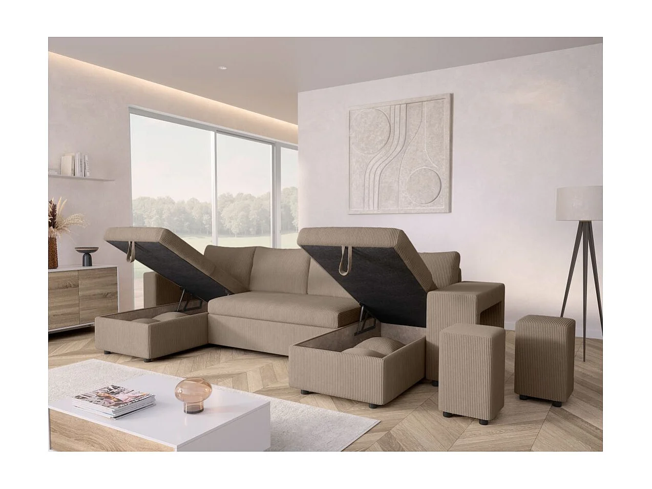 Canapé panoramique Oslo convertible avec 2 coffres, 2 poufs à droite en velours côtelé taupe - L311 x P146 x H81cm - Loungitude