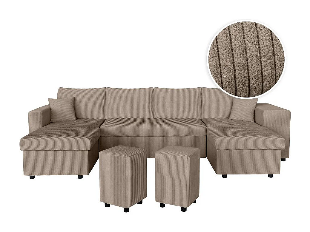 Canapé panoramique Oslo convertible avec 2 coffres, 2 poufs à droite en velours côtelé taupe - L311 x P146 x H81cm - Loungitude