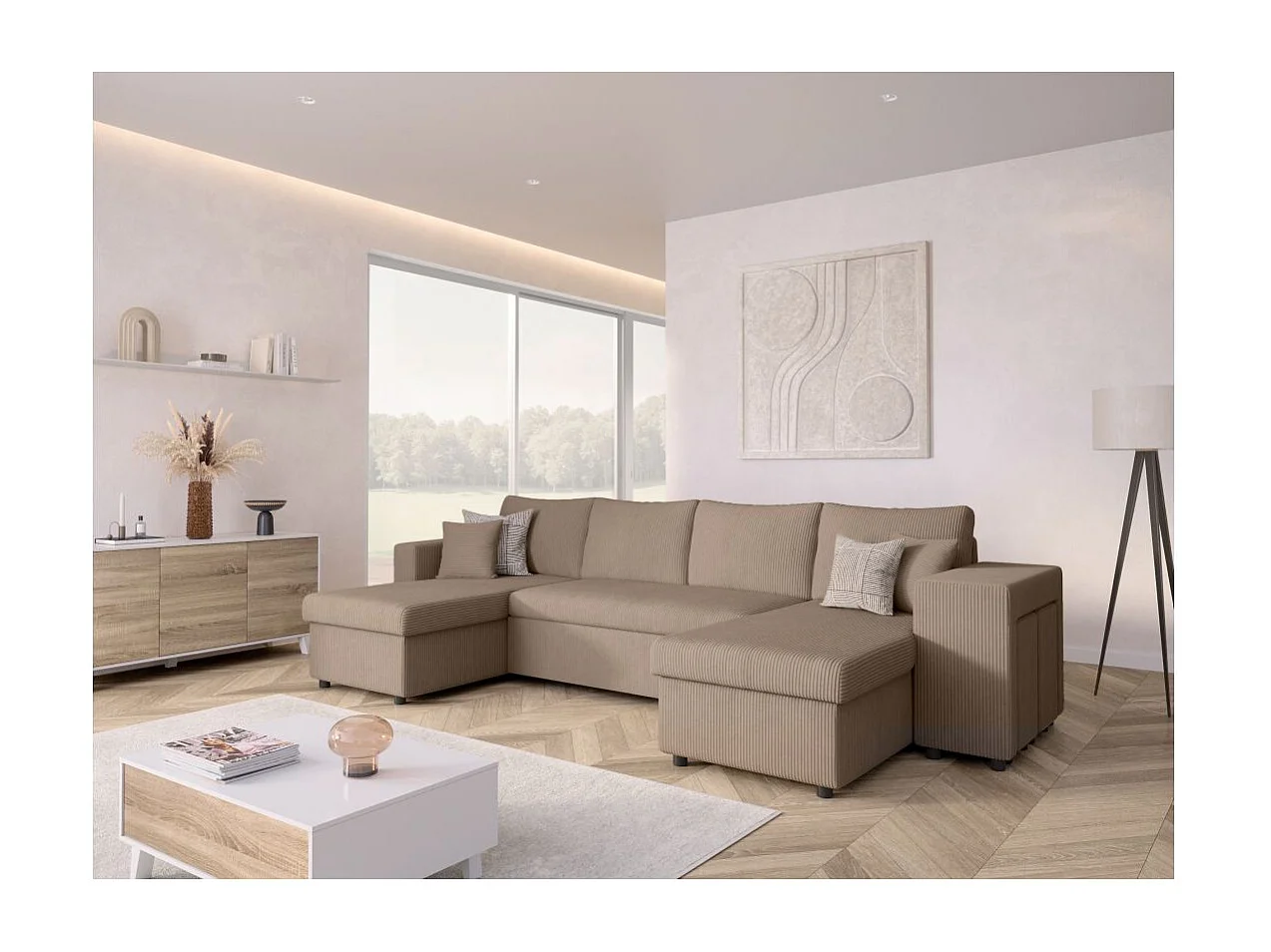 Canapé panoramique Oslo convertible avec 2 coffres, 2 poufs à droite en velours côtelé taupe - L311 x P146 x H81cm - Loungitude
