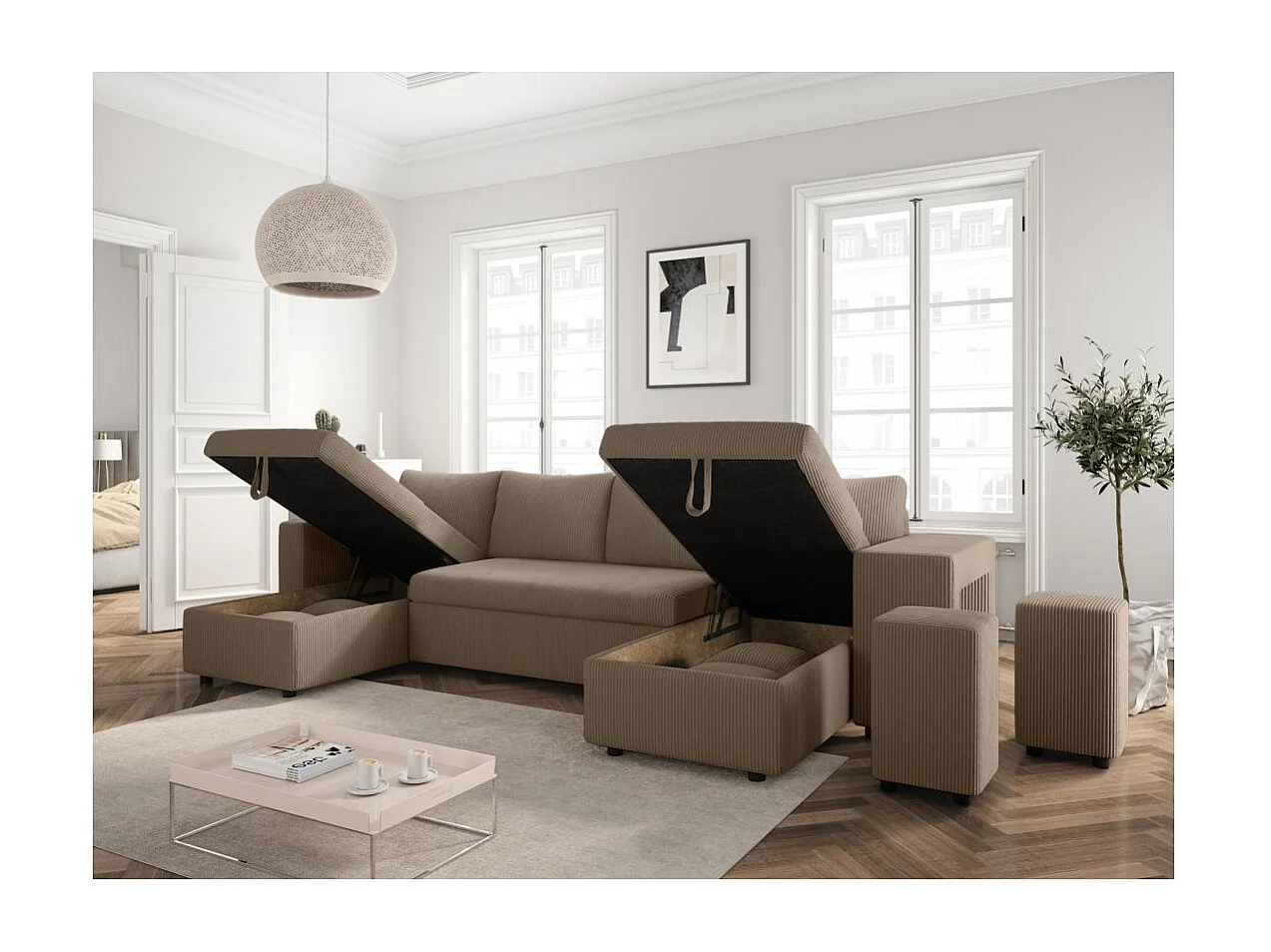 Canapé panoramique Oslo convertible avec 2 coffres, 2 poufs à droite en velours côtelé taupe - L311 x P146 x H81cm - Loungitude