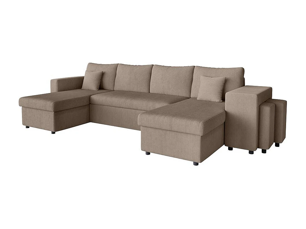 Canapé panoramique Oslo convertible avec 2 coffres, 2 poufs à droite en velours côtelé taupe - L311 x P146 x H81cm - Loungitude