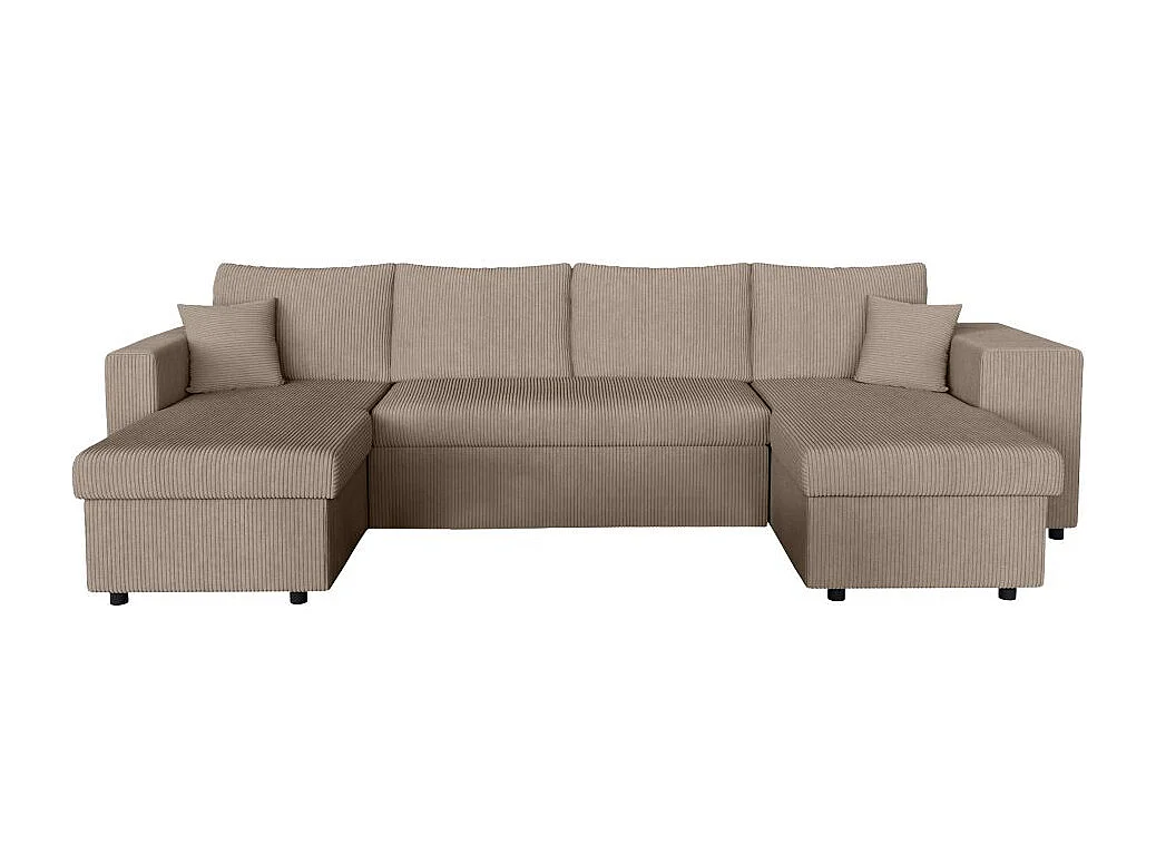 Canapé panoramique Oslo convertible avec 2 coffres, 2 poufs à droite en velours côtelé taupe - L311 x P146 x H81cm - Loungitude