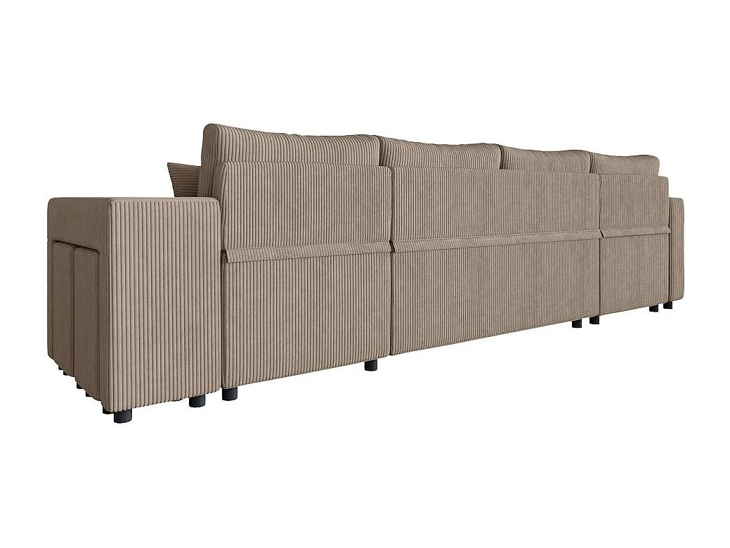 Canapé panoramique Oslo convertible avec 2 coffres, 2 poufs à droite en velours côtelé taupe - L311 x P146 x H81cm - Loungitude