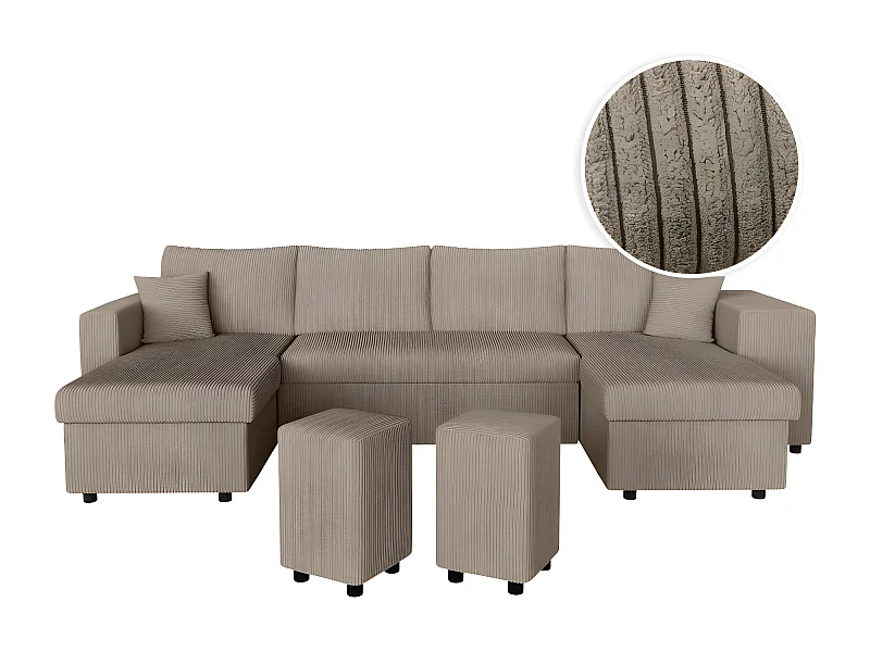 Canapé panoramique Oslo convertible avec 2 coffres, 2 poufs à droite en velours côtelé taupe - L311 x P146 x H81cm - Loungitude