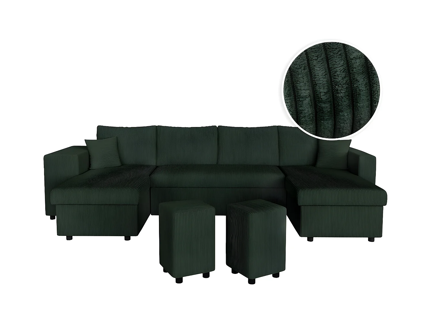 Canapé panoramique Oslo convertible avec 2 coffres, 2 poufs à gauche en velours côtelé vert foncé - L311 x P146 x H81cm - Loungitude