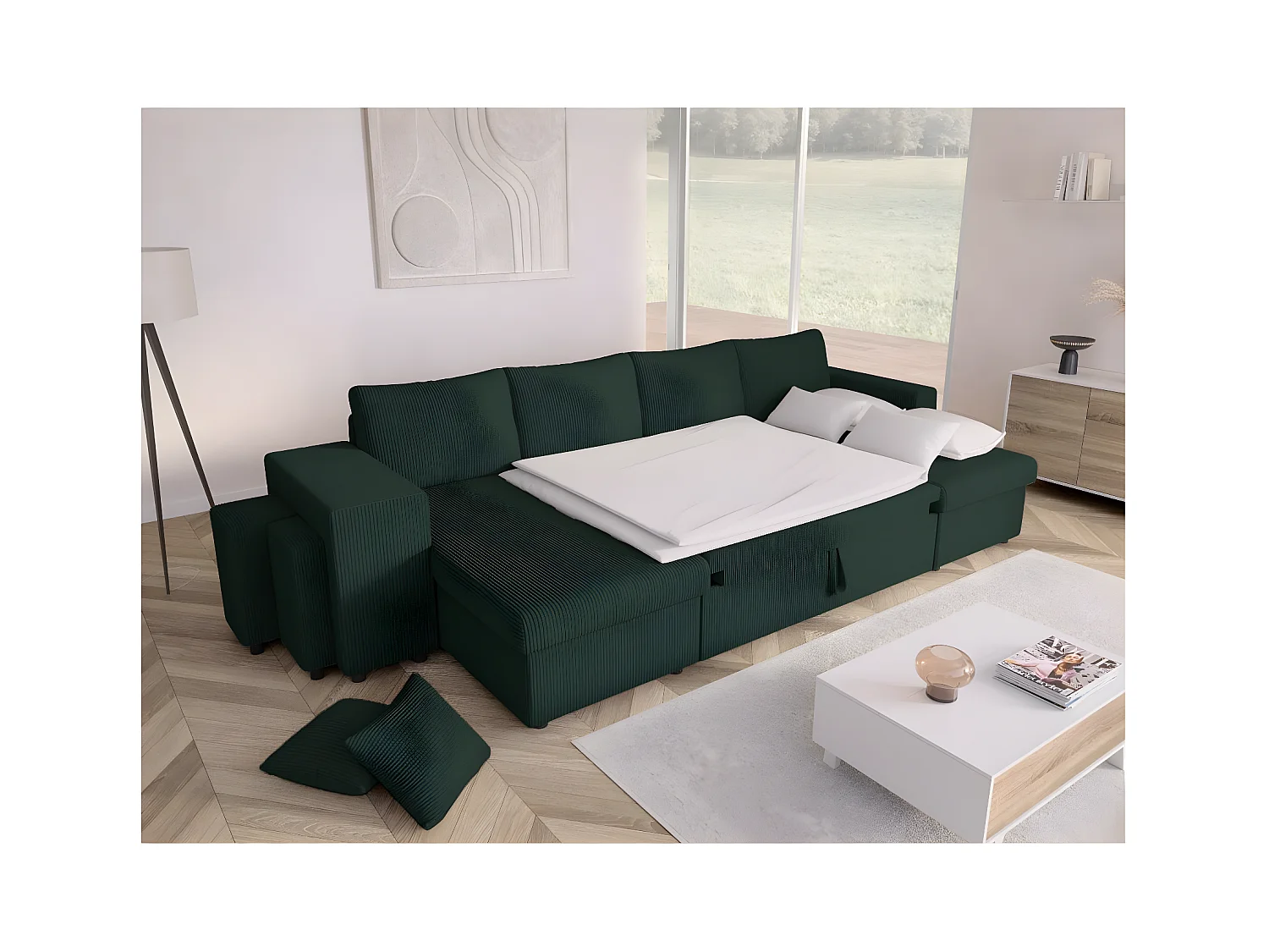Canapé panoramique Oslo convertible avec 2 coffres, 2 poufs à gauche en velours côtelé vert foncé - L311 x P146 x H81cm - Loungitude