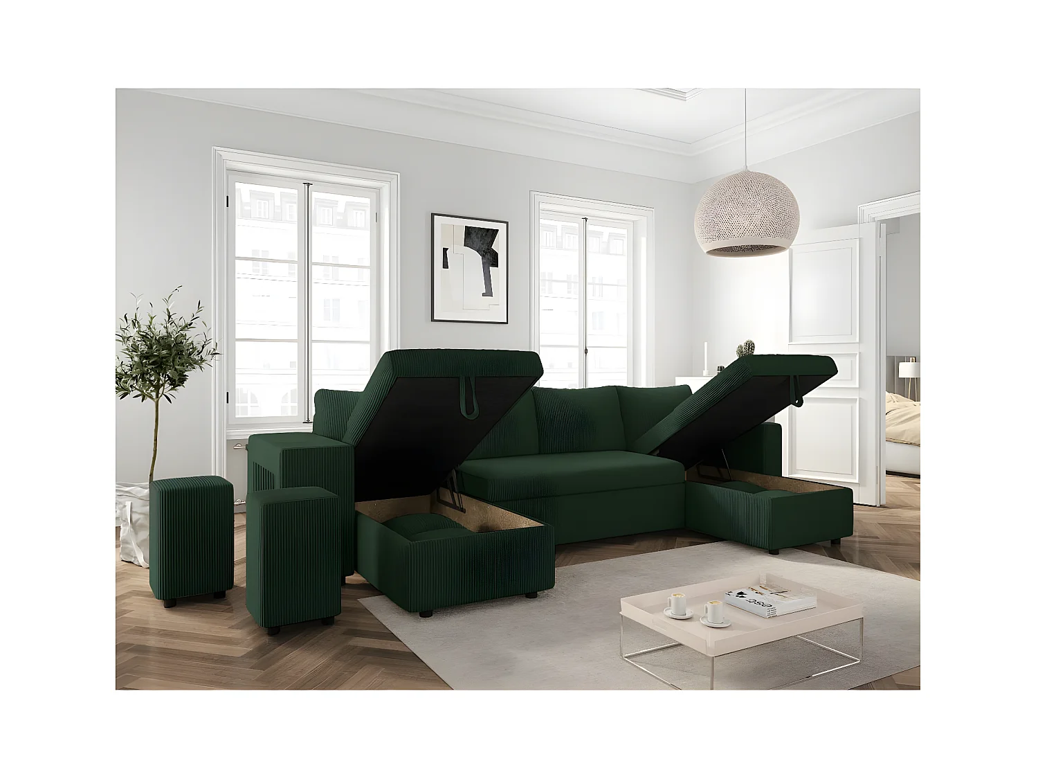 Canapé panoramique Oslo convertible avec 2 coffres, 2 poufs à gauche en velours côtelé vert foncé - L311 x P146 x H81cm - Loungitude