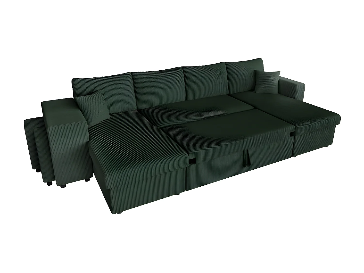 Canapé panoramique Oslo convertible avec 2 coffres, 2 poufs à gauche en velours côtelé vert foncé - L311 x P146 x H81cm - Loungitude