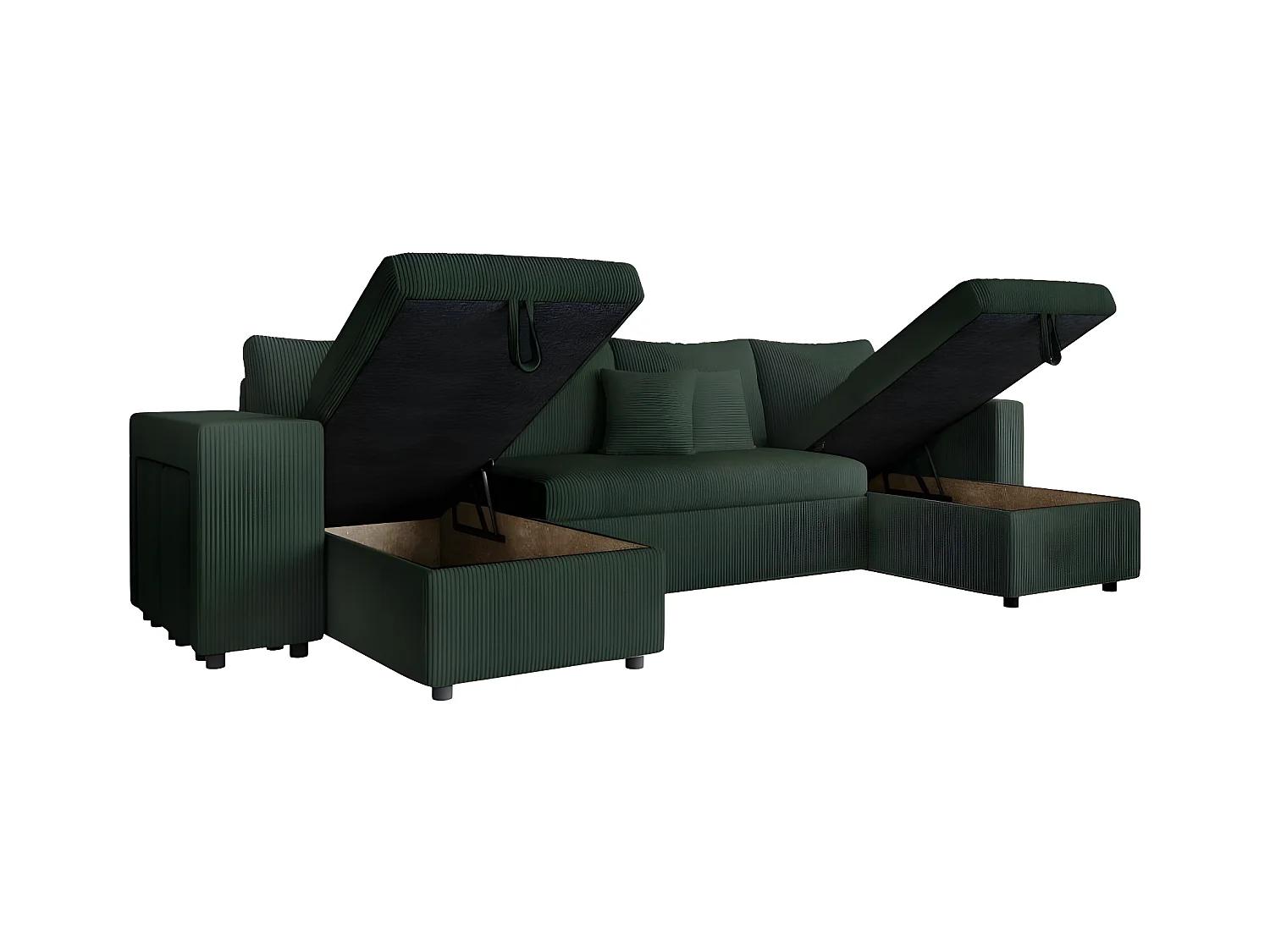 Canapé panoramique Oslo convertible avec 2 coffres, 2 poufs à gauche en velours côtelé vert foncé - L311 x P146 x H81cm - Loungitude