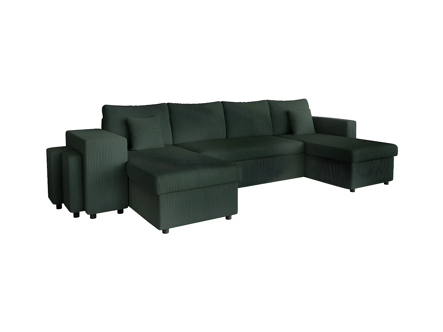 Canapé panoramique Oslo convertible avec 2 coffres, 2 poufs à gauche en velours côtelé vert foncé - L311 x P146 x H81cm - Loungitude