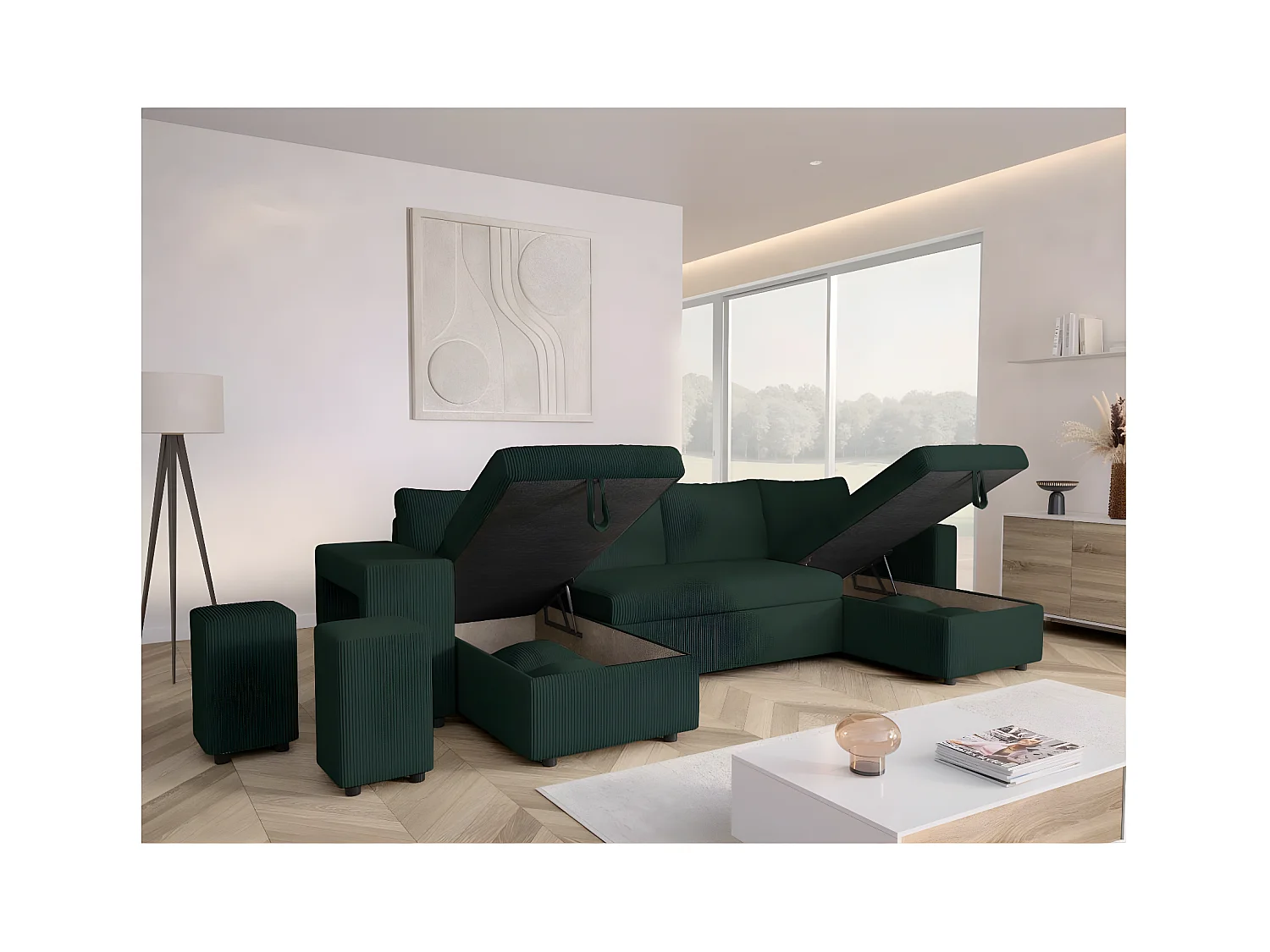Canapé panoramique Oslo convertible avec 2 coffres, 2 poufs à gauche en velours côtelé vert foncé - L311 x P146 x H81cm - Loungitude