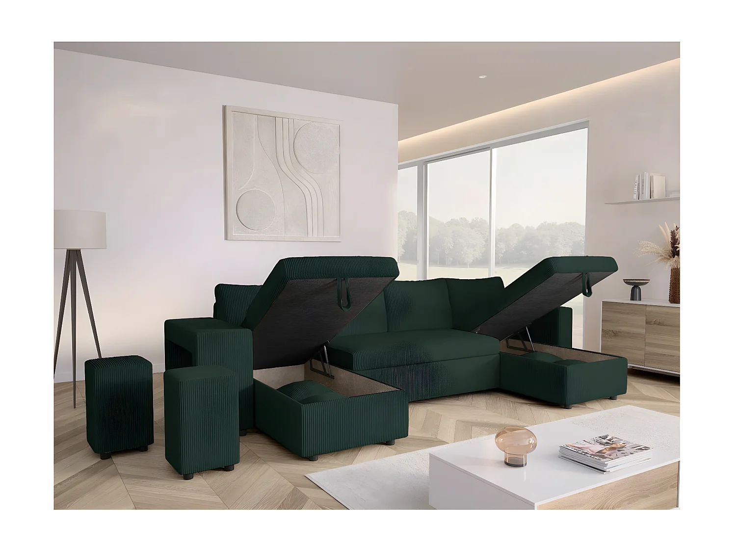 Canapé panoramique Oslo convertible avec 2 coffres, 2 poufs à gauche en velours côtelé vert foncé - L311 x P146 x H81cm - Loungitude