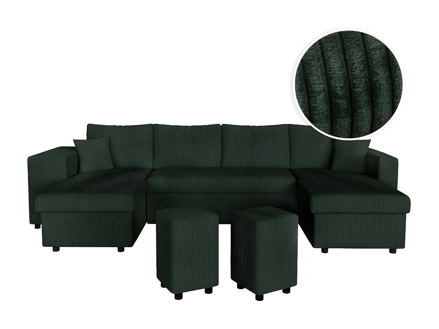 Canapé panoramique Oslo convertible avec 2 coffres, 2 poufs à gauche en velours côtelé vert foncé - L311 x P146 x H81cm - Loungitude
