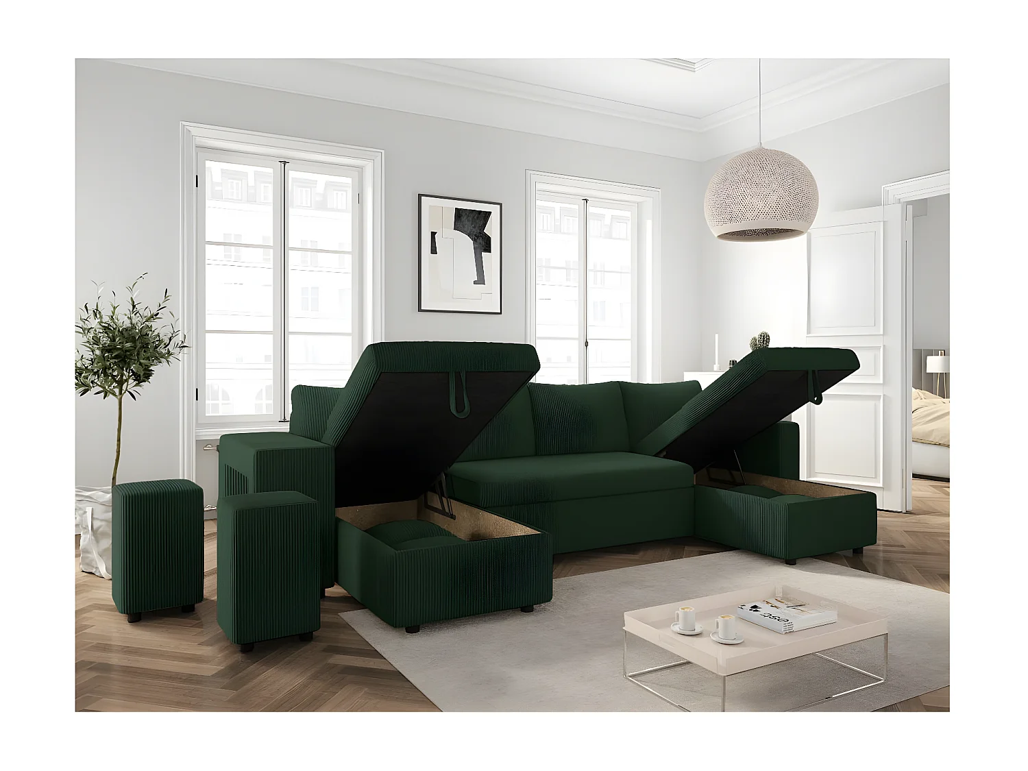 Canapé panoramique Oslo convertible avec 2 coffres, 2 poufs à gauche en velours côtelé vert foncé - L311 x P146 x H81cm - Loungitude