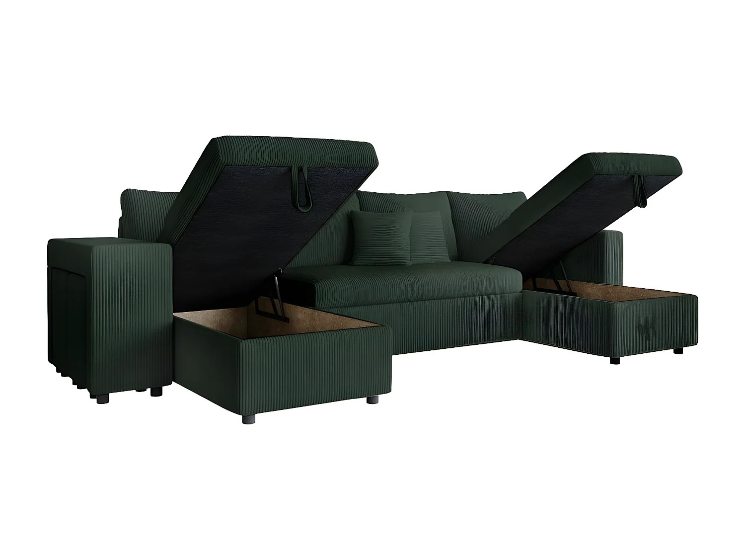 Canapé panoramique Oslo convertible avec 2 coffres, 2 poufs à gauche en velours côtelé vert foncé - L311 x P146 x H81cm - Loungitude