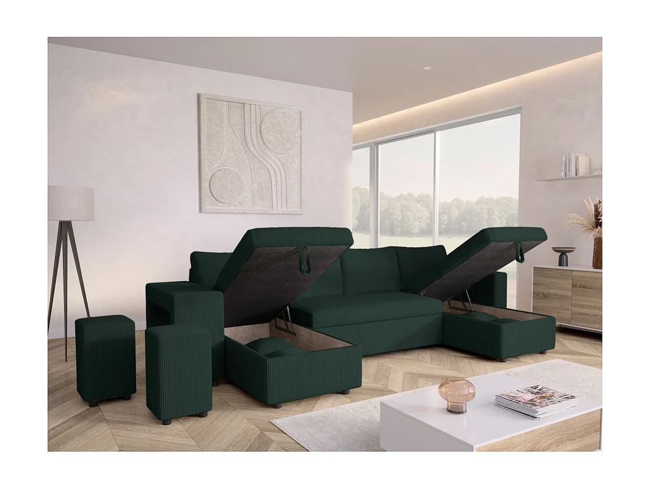Canapé panoramique Oslo convertible avec 2 coffres, 2 poufs à gauche en velours côtelé vert foncé - L311 x P146 x H81cm - Loungitude