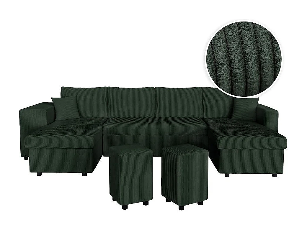 Canapé panoramique Oslo convertible avec 2 coffres, 2 poufs à gauche en velours côtelé vert foncé - L311 x P146 x H81cm - Loungitude