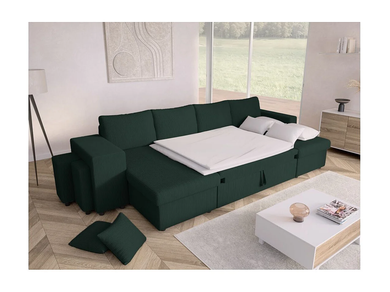 Canapé panoramique Oslo convertible avec 2 coffres, 2 poufs à gauche en velours côtelé vert foncé - L311 x P146 x H81cm - Loungitude