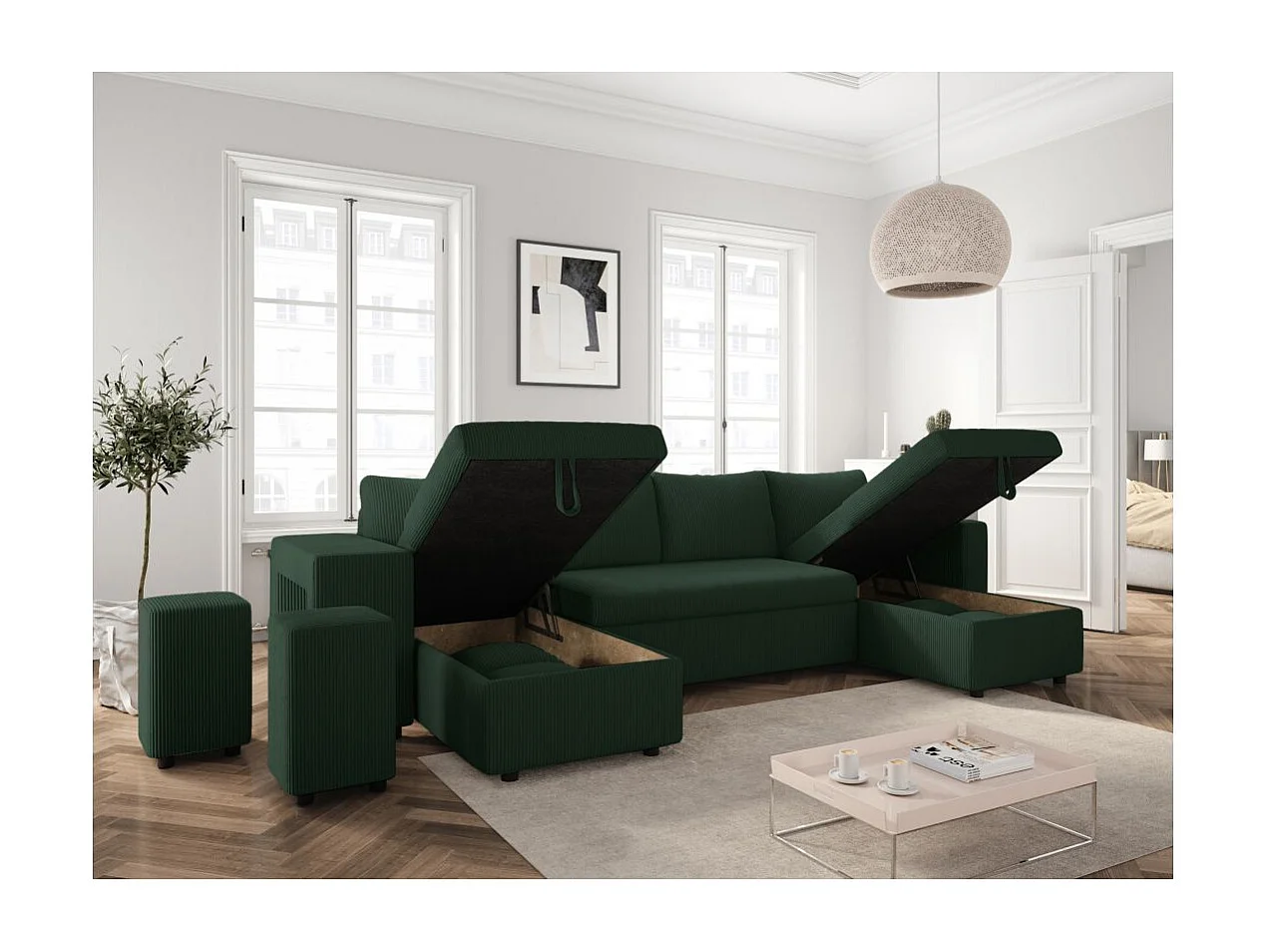 Canapé panoramique Oslo convertible avec 2 coffres, 2 poufs à gauche en velours côtelé vert foncé - L311 x P146 x H81cm - Loungitude