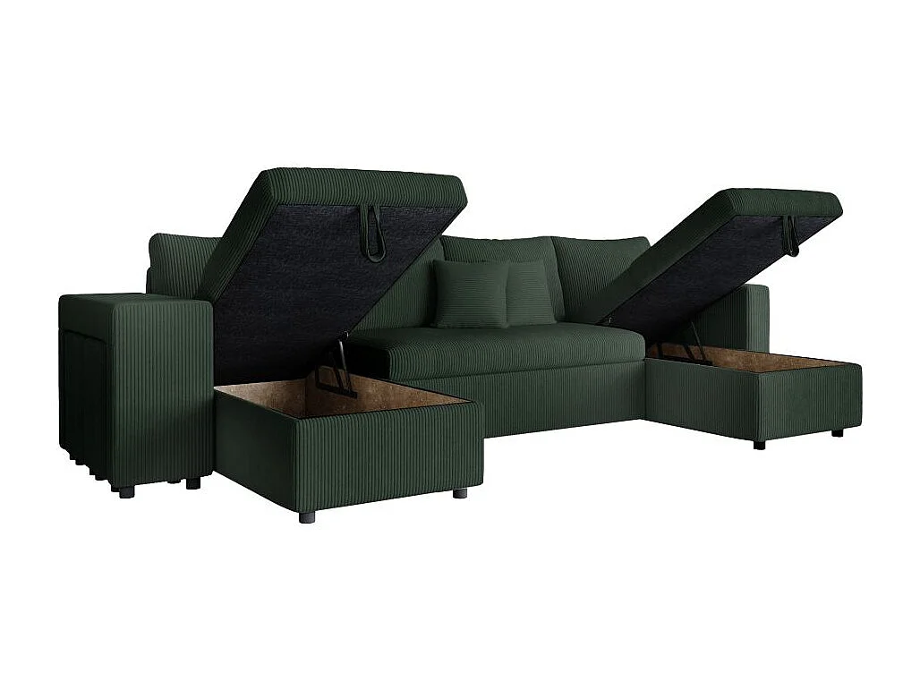 Canapé panoramique Oslo convertible avec 2 coffres, 2 poufs à gauche en velours côtelé vert foncé - L311 x P146 x H81cm - Loungitude