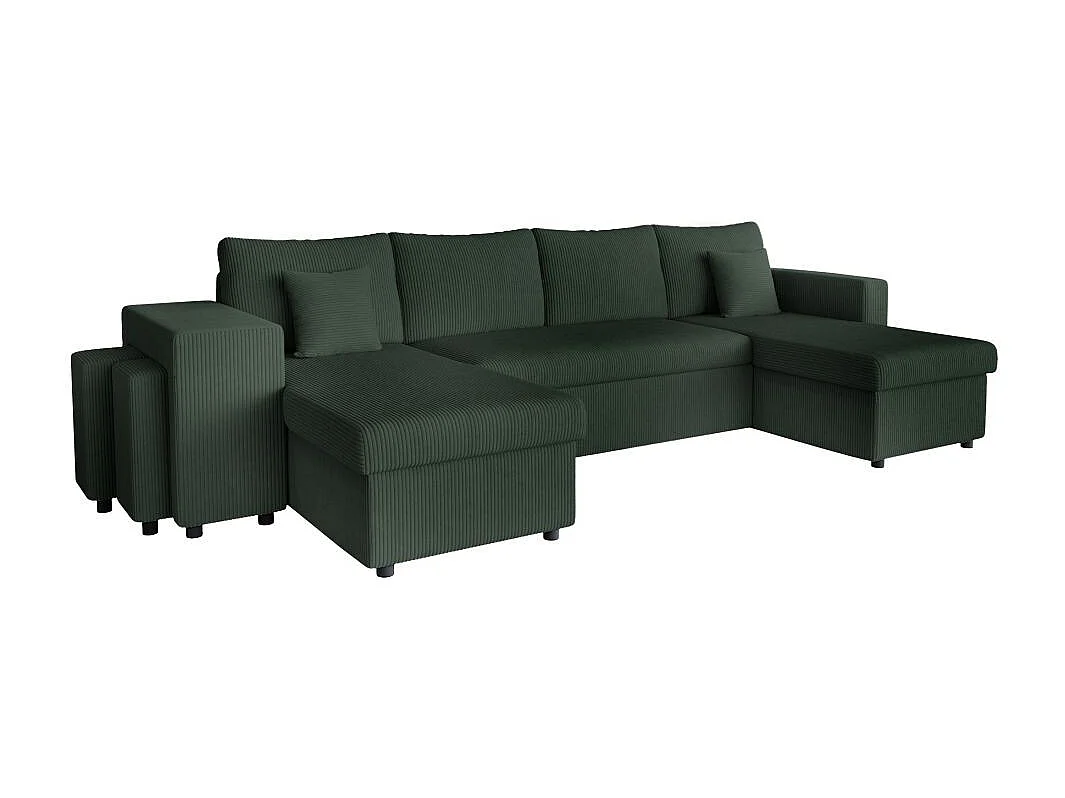 Canapé panoramique Oslo convertible avec 2 coffres, 2 poufs à gauche en velours côtelé vert foncé - L311 x P146 x H81cm - Loungitude