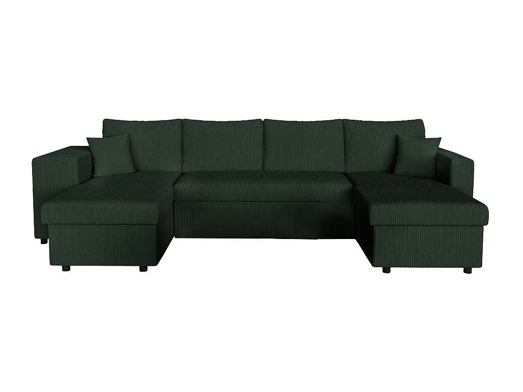 Canapé panoramique Oslo convertible avec 2 coffres, 2 poufs à gauche en velours côtelé vert foncé - L311 x P146 x H81cm - Loungitude