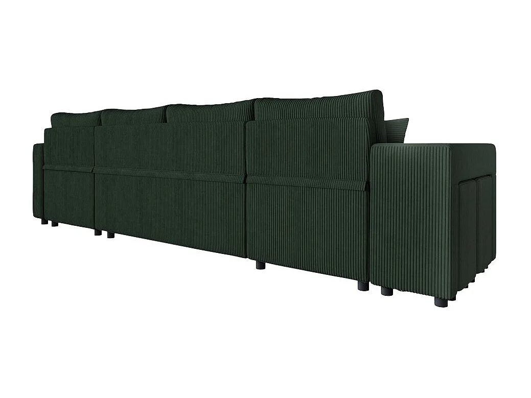 Canapé panoramique Oslo convertible avec 2 coffres, 2 poufs à gauche en velours côtelé vert foncé - L311 x P146 x H81cm - Loungitude
