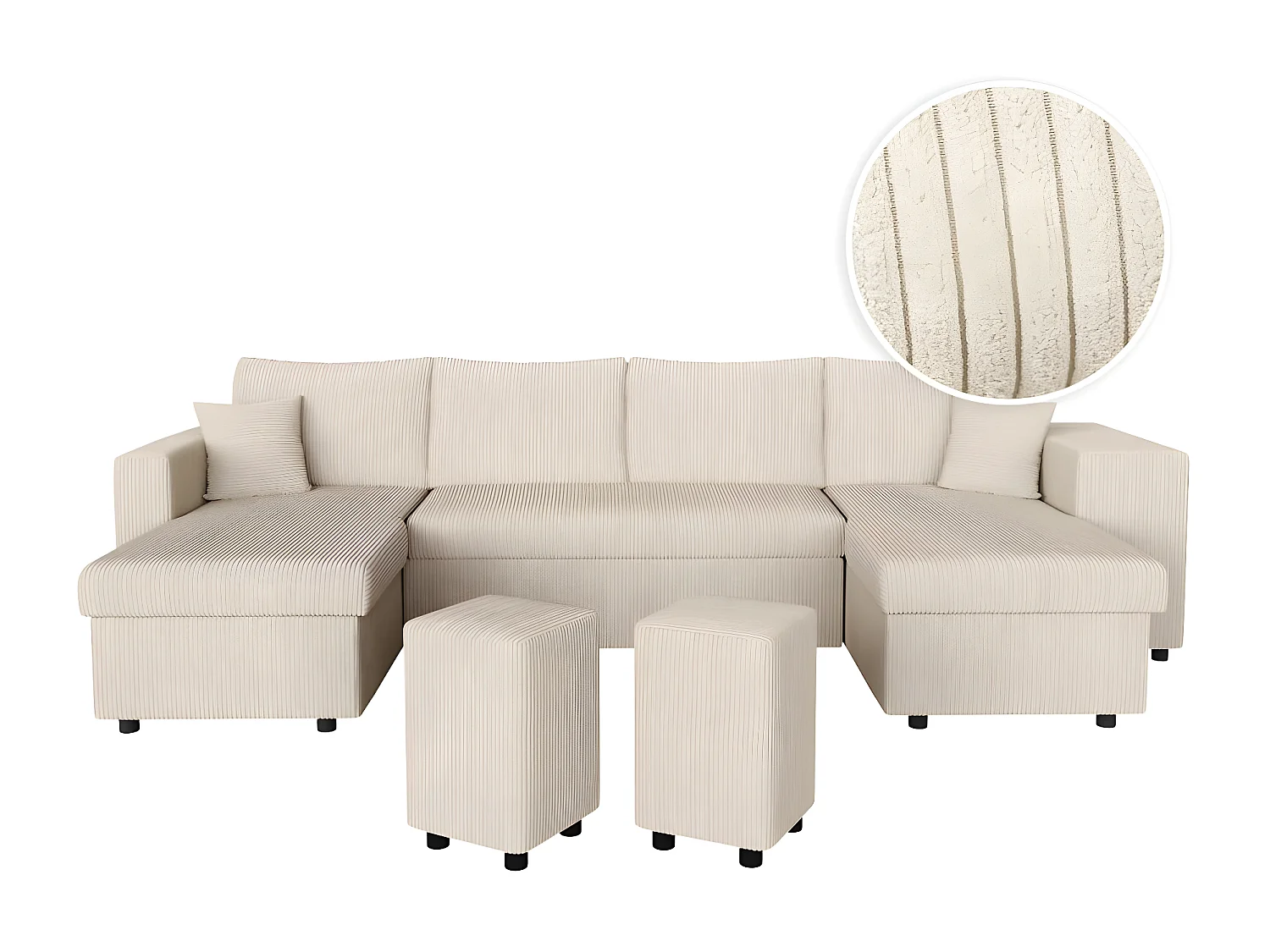 Canapé panoramique Oslo convertible avec 2 coffres, 2 poufs à droite en velours côtelé beige - L311 x P146 x H81cm - Loungitude