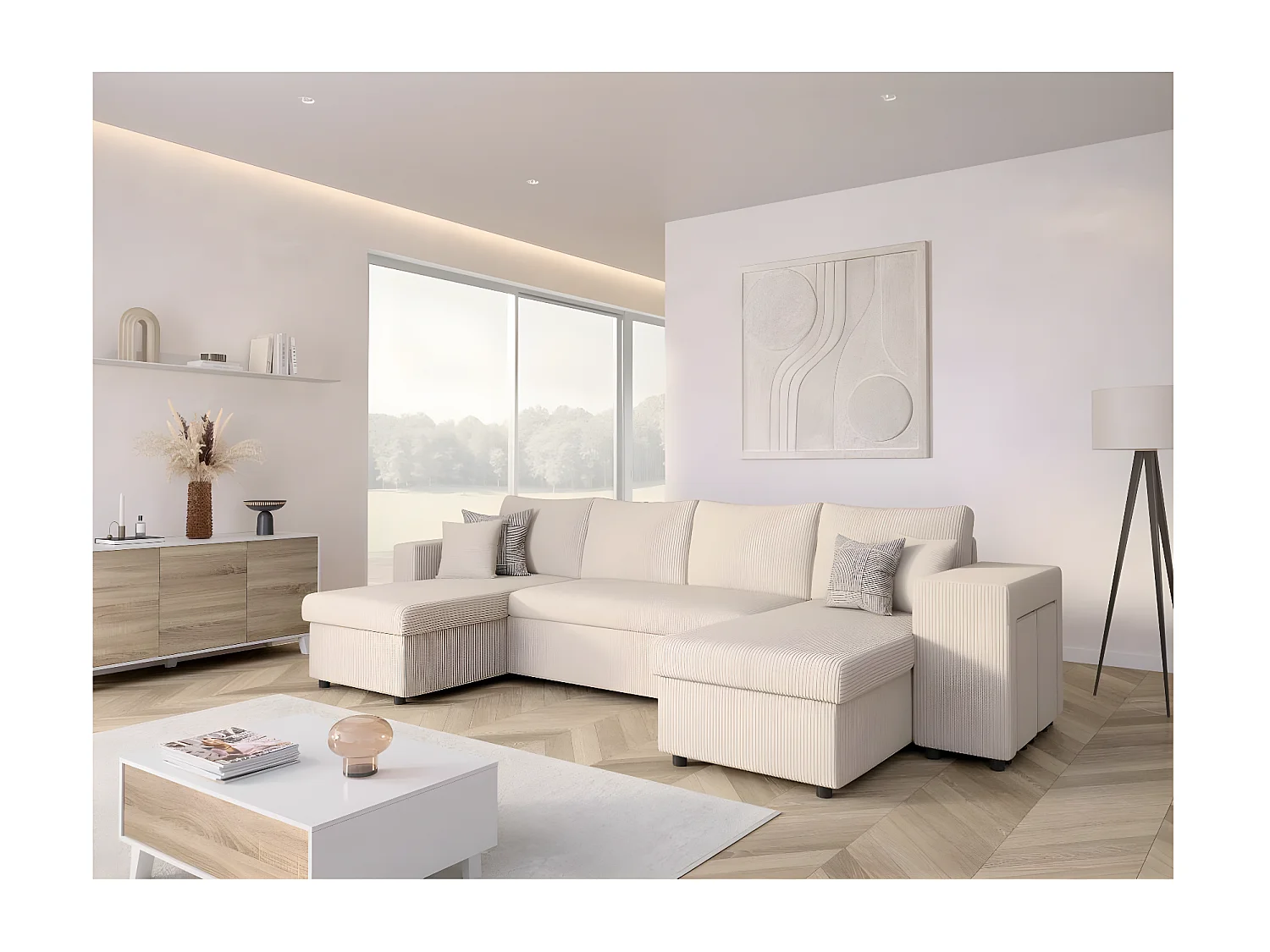 Canapé panoramique Oslo convertible avec 2 coffres, 2 poufs à droite en velours côtelé beige - L311 x P146 x H81cm - Loungitude