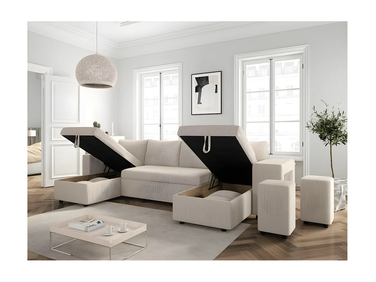 Canapé panoramique Oslo convertible avec 2 coffres, 2 poufs à droite en velours côtelé beige - L311 x P146 x H81cm - Loungitude