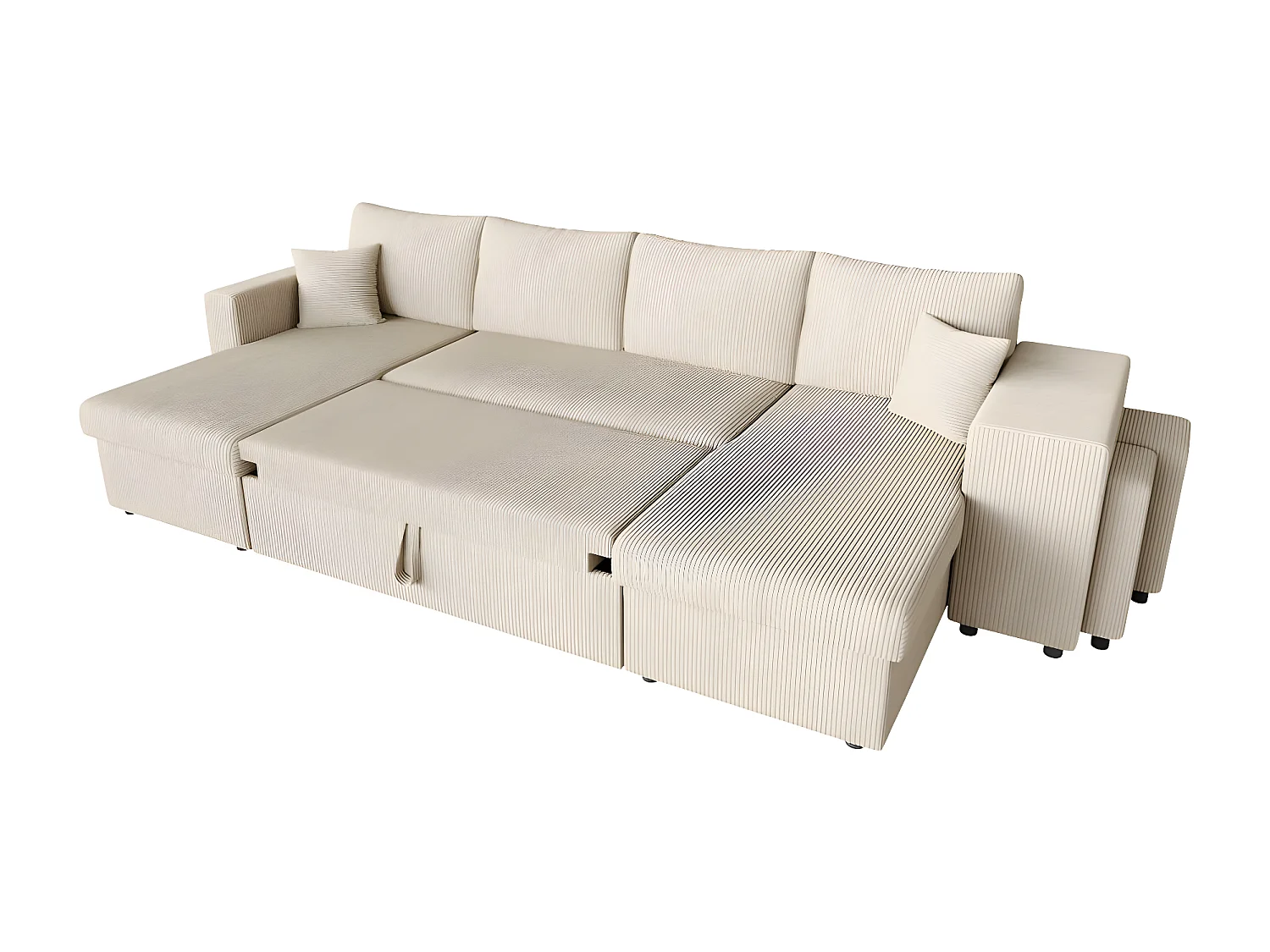 Canapé panoramique Oslo convertible avec 2 coffres, 2 poufs à droite en velours côtelé beige - L311 x P146 x H81cm - Loungitude