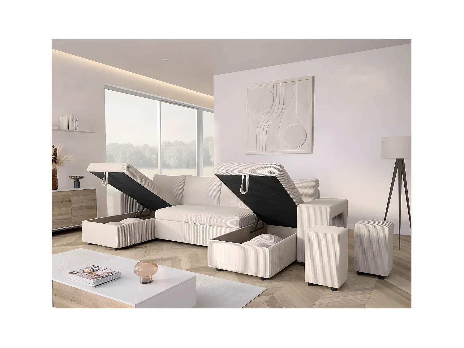 Canapé panoramique Oslo convertible avec 2 coffres, 2 poufs à droite en velours côtelé beige - L311 x P146 x H81cm - Loungitude