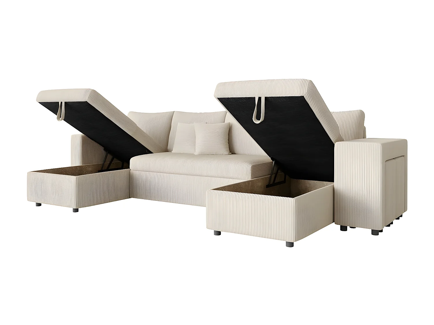 Canapé panoramique Oslo convertible avec 2 coffres, 2 poufs à droite en velours côtelé beige - L311 x P146 x H81cm - Loungitude