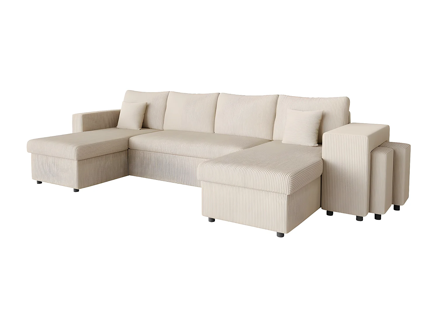 Canapé panoramique Oslo convertible avec 2 coffres, 2 poufs à droite en velours côtelé beige - L311 x P146 x H81cm - Loungitude