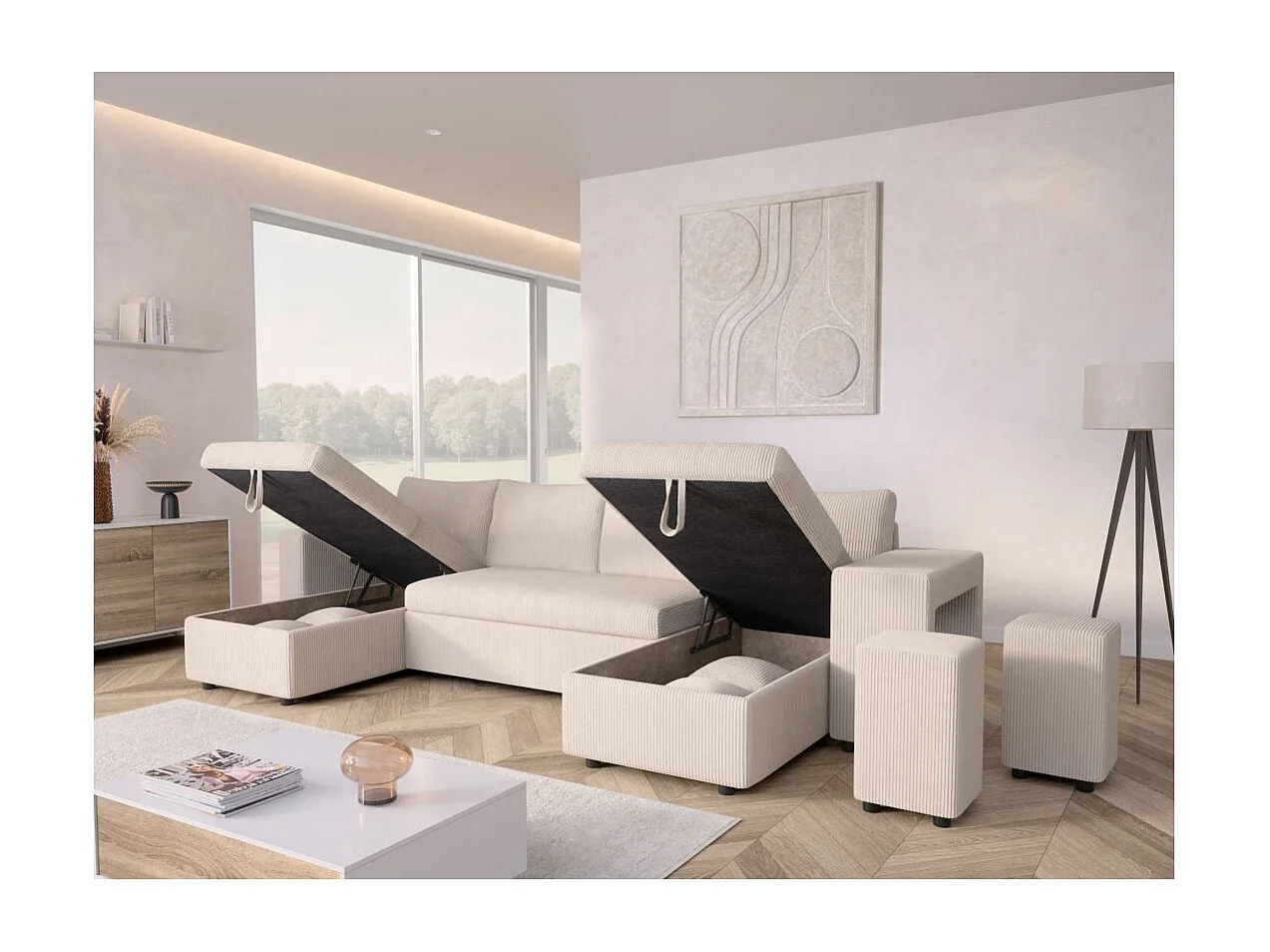 Canapé panoramique Oslo convertible avec 2 coffres, 2 poufs à droite en velours côtelé beige - L311 x P146 x H81cm - Loungitude