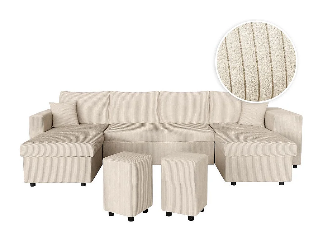 Canapé panoramique Oslo convertible avec 2 coffres, 2 poufs à droite en velours côtelé beige - L311 x P146 x H81cm - Loungitude