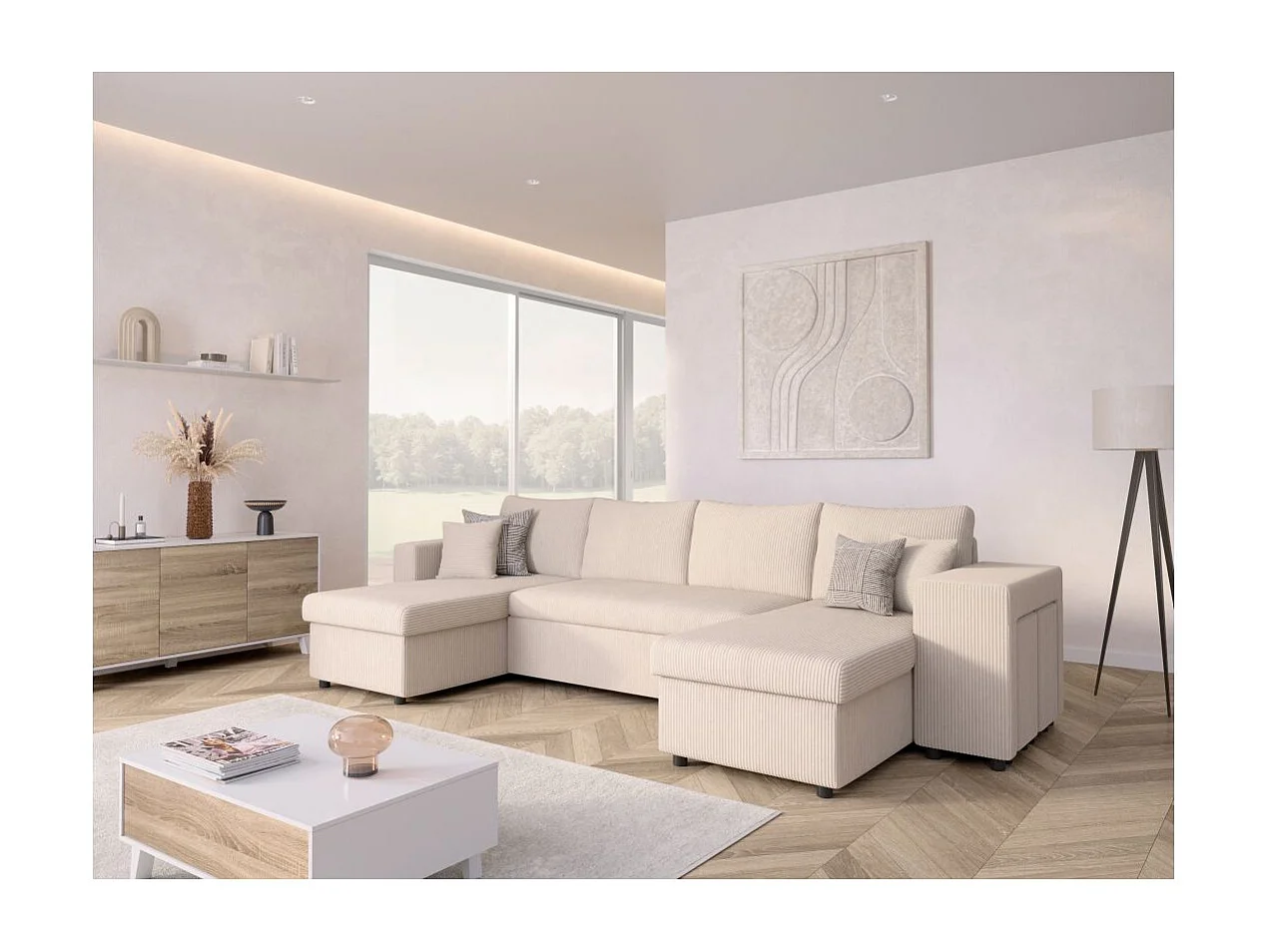 Canapé panoramique Oslo convertible avec 2 coffres, 2 poufs à droite en velours côtelé beige - L311 x P146 x H81cm - Loungitude