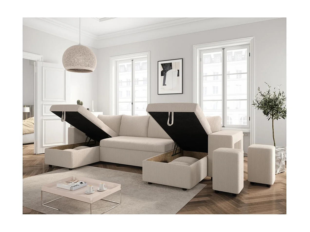 Canapé panoramique Oslo convertible avec 2 coffres, 2 poufs à droite en velours côtelé beige - L311 x P146 x H81cm - Loungitude