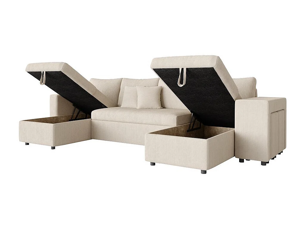 Canapé panoramique Oslo convertible avec 2 coffres, 2 poufs à droite en velours côtelé beige - L311 x P146 x H81cm - Loungitude