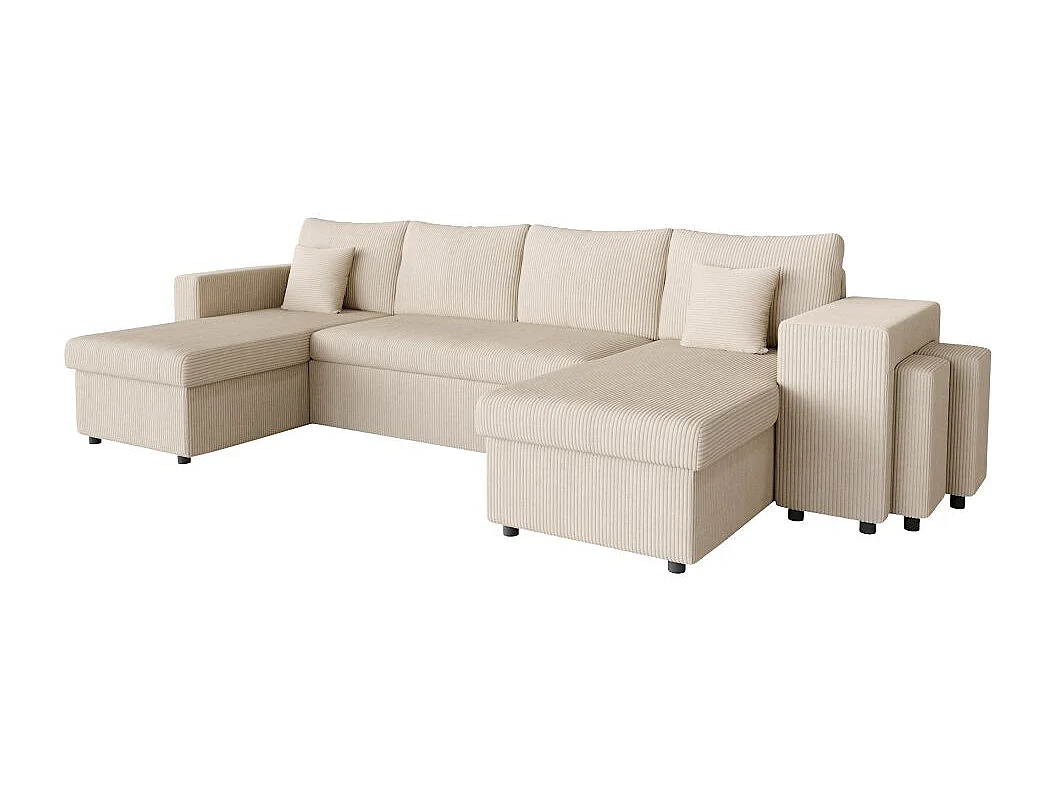 Canapé panoramique Oslo convertible avec 2 coffres, 2 poufs à droite en velours côtelé beige - L311 x P146 x H81cm - Loungitude