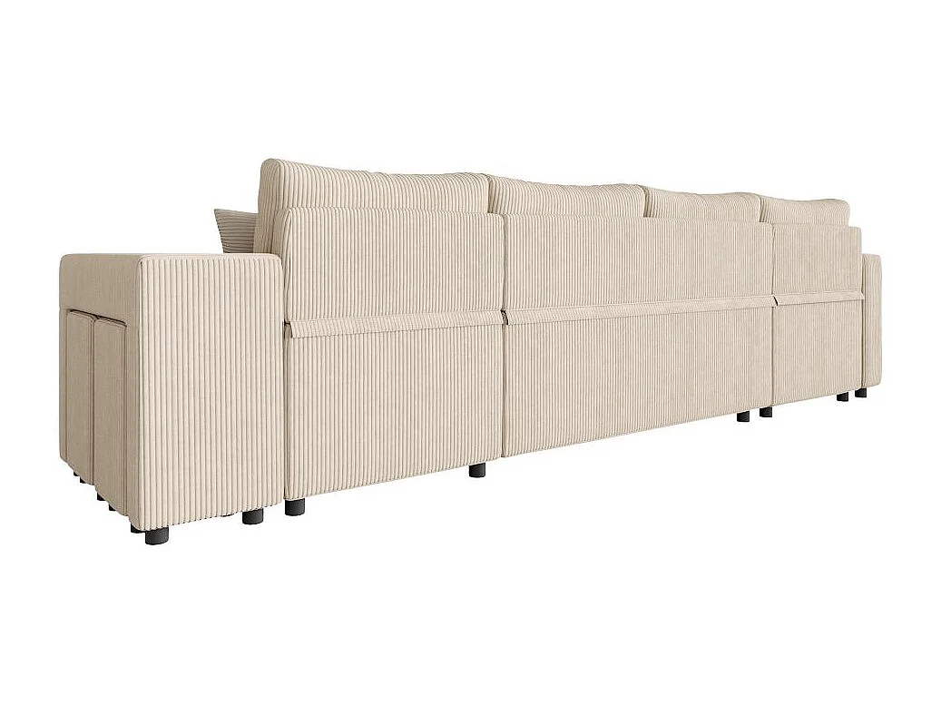 Canapé panoramique Oslo convertible avec 2 coffres, 2 poufs à droite en velours côtelé beige - L311 x P146 x H81cm - Loungitude