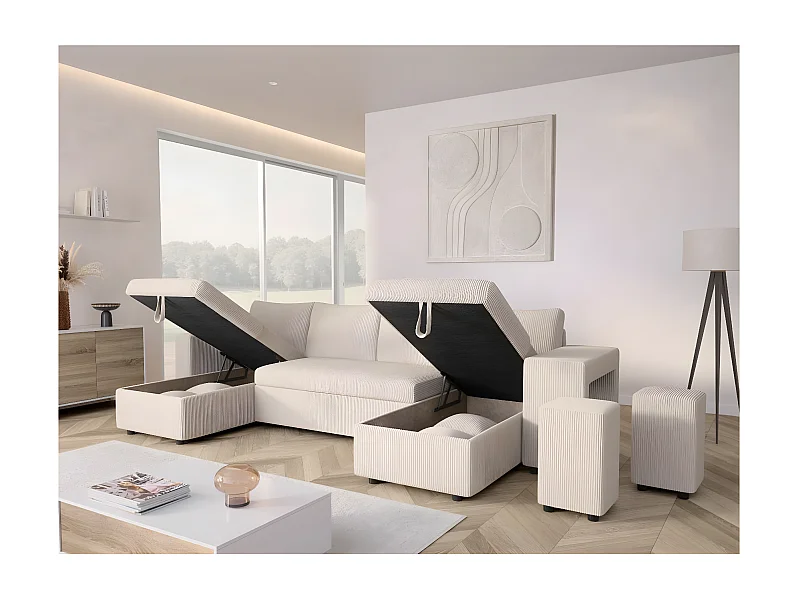 Canapé panoramique Oslo convertible avec 2 coffres, 2 poufs à droite en velours côtelé beige - L311 x P146 x H81cm - Loungitude